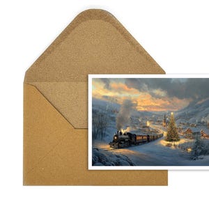 Locomotief in het besneeuwde dal met kerstboom, sfeervolle ansichtkaart, perfect voor nostalgische kerstgroeten of als decoratie