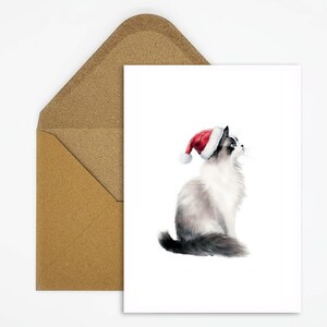 Kerstkaart met kattenmotief, ragdoll kat met kerstmuts, ansichtkaart voor kattenliefhebbers voor dierenkerstgroeten