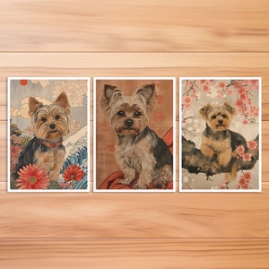 Cartolina per cani, Cartolina per animali, Cane Yorkshire Terrier in stile Hokusai, Stile giapponese, Compleanno, Cartolina d'arte, Set di cartoline