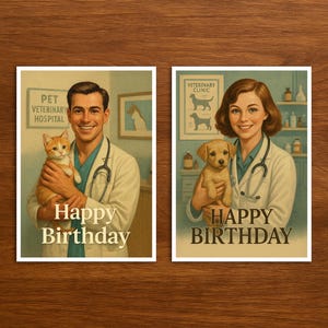 Cartão de feliz aniversário para veterinário, cartão postal retrô com ilustração vintage, cartão de aniversário exclusivo profissional como presente