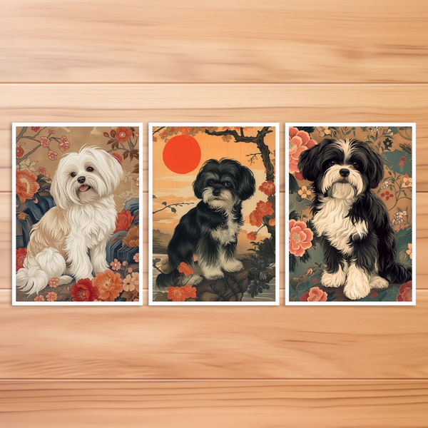 Havanese Hunde Postkarte, Tier Postkarte, Hund im Hokusai Stil, Japanischer Stil, Geburtstag, Kunstpostkarte, Geschenk Karte