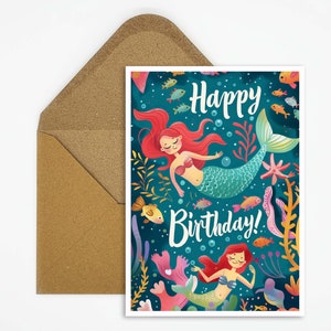 Happy Birthday Karte Meerjungfrau, Mädchen Geburtstag, Geburtstagskarte Unterwasserwelt, Geburtstag für Mädchen, Jungen, Geschenk, Comic