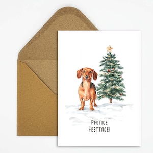Cartolina con bassotto e albero di Natale con la scritta "Pawful Holidays!" Biglietto di auguri di Natale con animali come regalo o decorazione