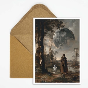 Galactisch Avontuur Briefkaart | Unieke sciencefictionbriefkaart | Perfect cadeau voor fans | Held met druïde en planeetkaart