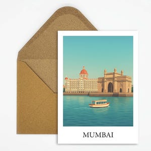 Carte postale de Mumbai, Inde, avec illustration de la Porte de l'Inde, carte de voyage expressive comme cadeau ou décoration à accrocher