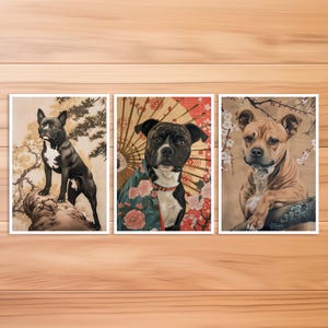 Cartolina Staffordshire Bull Terrier, Cartolina animale cane, Cane stile Hokusai, Stile giapponese, Biglietto di compleanno, Cartolina d'arte
