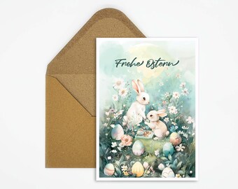 Pâques, carte postale de Pâques, carte Joyeuses Pâques, carte cadeau, carte enfant, lapin de Pâques, vœux de Pâques, motif œuf de Pâques, illustration lapin
