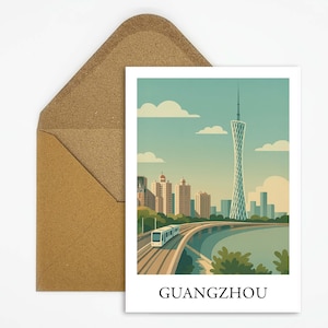 Carte postale de voyage de Guangzhou en Chine avec silhouette de la ville et vue sur la rivière, carte de ville élégante pour les voyageurs longue distance et idée cadeau ou décoration