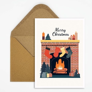 Biglietto di auguri natalizio con motivo caminetto e calze, simpatico biglietto di auguri di Natale come regalo o decorazione