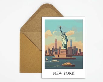 Cartolina da viaggio di New York negli Stati Uniti con una bellissima illustrazione della Statua della Libertà, ideale come souvenir di viaggio o regalo per viaggiatori e collezionisti di mappe