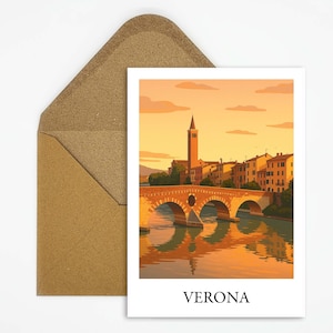 Verona Italien Reise Postkarte mit Ponte Pietra Illustration, romantische Stadtkarte für Italienreisen und Geschenke mit Charme oder Deko
