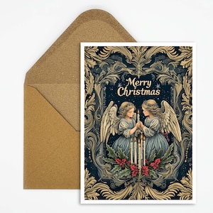 Cartolina di Natale con angeli classici e cornice ornamentale in filigrana, auguri di Natale contemplativi in stile tradizionale come regalo