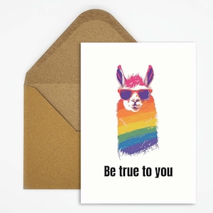 Carte postale LGBTQ, carte de fierté LGBTQ avec slogan, carte de fierté pour la communauté LGBTQ, carte queer en cadeau avec illustration de lama