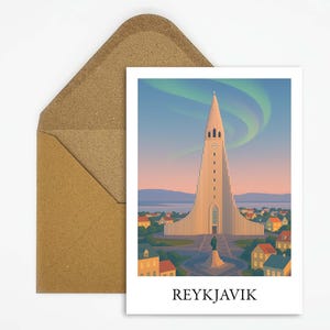 Carte postale de Reykjavík Islande avec Hallgrímskirkja et aurores boréales, illustration de voyage magique idéale comme cadeau pour les fans d'Islande ou comme décoration