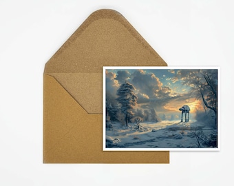 Pocztówka z galaktyczną przygodą | Unikalna pocztówka science fiction | Idealny prezent dla fanów | Zimowa karta krajobrazu robota