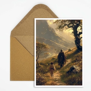 postal galáctica de la aventura | postal única de la ciencia ficción | Regalo perfecto para fans | Maestro y estudiante en paisaje.