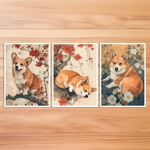Corgi Hunde Postkarte, Tier Postkarte, Hund im Hokusai Stil, Japanischer Stil, Geburtstag, Kunstpostkarte, Geschenk Karte
