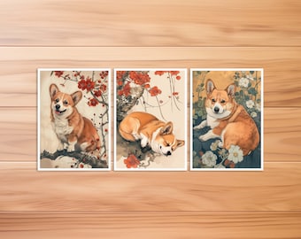 Postal de perro Corgi, postal de animales, perro estilo Hokusai, estilo japonés, cumpleaños, postal de arte, tarjeta de regalo