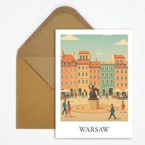 Cartolina di Varsavia, Polonia con il centro storico, amorevolmente illustrata, carta da viaggio per gli appassionati dell'Europa orientale e souvenir di gite in città