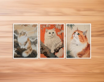 Cat postcard, Persian cat, cat card, birthday card, art postcard, cat Hokusai style, gift card, vintage cat card