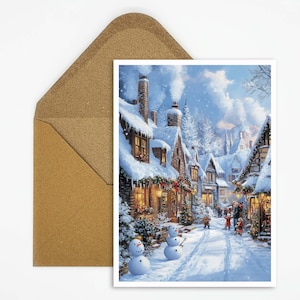 Kerstkaart met sneeuwmannen en kinderen in het feestelijke dorp, kerstkaart in vintage stijl, perfect voor vrolijke kerstgroeten