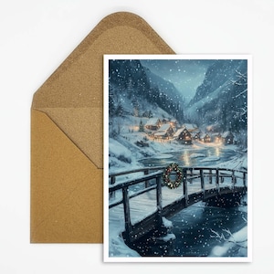 Kerstkaart, besneeuwd dorp in het avondlicht, sfeervolle kerstkaart in vintage stijl, perfect voor feestelijke kerstgroeten