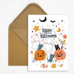 Cartolina di Halloween con simpatici gatti, fantasmi e zucche - biglietto di auguri perfetto per decorazioni o inviti spettrali di Halloween