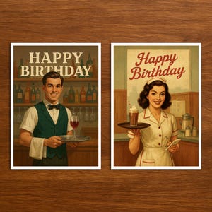 Cartão de feliz aniversário para o garçom/garçonete profissional, cartão postal com ilustração vintage e retrô, cartão de aniversário para presentear