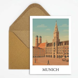 München Deutschland Postkarte mit Rathaus Marienplatz Illustration, detailreiche Stadtkarte als originelles Reisesouvenir oder Geschenk