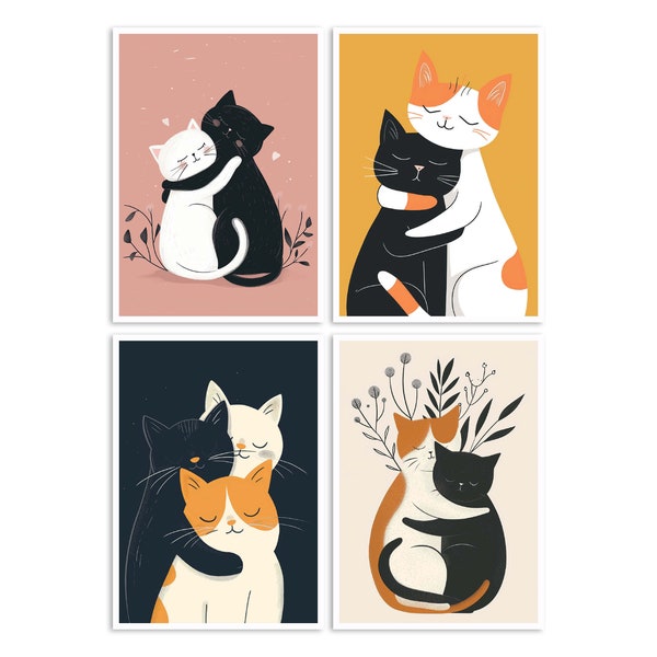 Postal de gato, Postal de animales, Abrazo de gato, Cumpleaños, Ilustración de gato, Gatos románticos, Postal de arte, Conjunto de postales 2