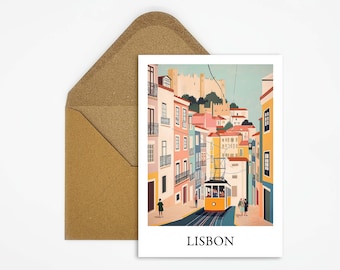Lisbon, Portugal travel postcard with beautiful illustration ideal as a travel souvenir or gift for travelers and map collectors
