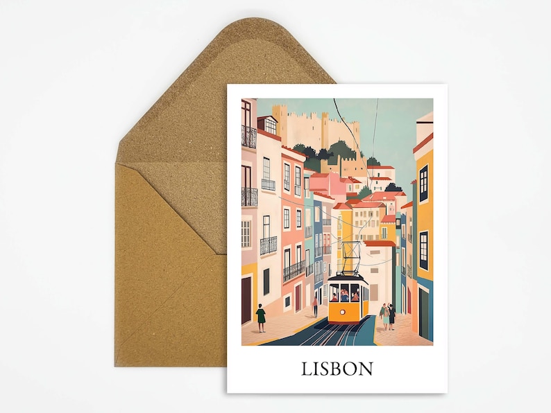 May include: A postcard featuring a colorful illustration of a street scene in Lisbon, Portugal. The image shows a yellow tram traveling up a hill lined with colorful buildings. The text "LISBON" is printed at the bottom of the postcard.