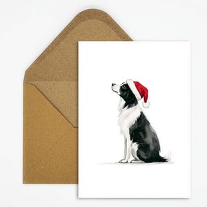 Chien avec motif de chapeau de Noël, chien Border Collie avec chapeau de Noël, carte de Noël pour les amoureux des chiens pour les vœux de Noël des animaux