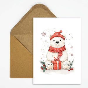 Kerstwenskaart, ansichtkaart - schattige ijsbeer met een cadeau in aquarel, perfect voor winterse kerstgroeten
