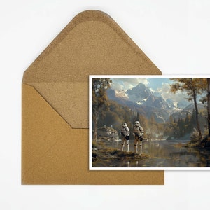 postal galáctica de la aventura | postal única de la ciencia ficción | Regalo perfecto para fans | Soldados imperiales en paisaje