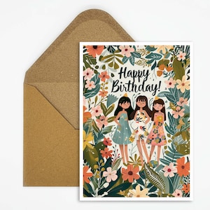 Tarjeta de cumpleaños infantil, cumpleaños de niña, feliz cumpleaños niña, tarjeta selva, flores de colores, cumpleaños para niñas, niños