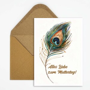 Bonne fête des mères, carte postale de fête des mères avec plume d'oeil de paon, carte de fête des mères avec dicton, illustration aquarelle, idéal comme cadeau