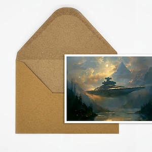 Galaktische Abenteuer Postkarte | Einzigartige Science Fiction Postkarte | Perfektes Geschenk für Fans | Weltraum Schiff in Landschaft Karte