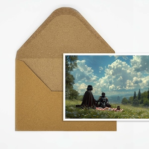 Cartolina dell'avventura galattica | Cartolina di fantascienza unica | Regalo perfetto per i fan | Carta da picnic del cacciatore di taglie