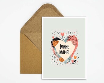 Thank you mom card, card with big heart illustration, postcard for Mother's Day, birthday card, congratulations card, gift for mom