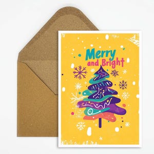 Bijzondere kerstkaart, in psychedelische stijl met kerstgroet "Merry and bright" voor bijzondere kerstgroeten
