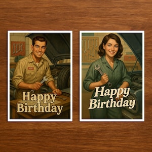 Carte d'anniversaire pour le métier de mécanicien, carte d'anniversaire rétro avec illustration, cadeau original pour les amoureux du métier et les collègues