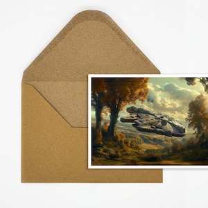 postal galáctica de la aventura | postal única de la ciencia ficción | Regalo perfecto para fans | Nave espacial en mapa paisajístico