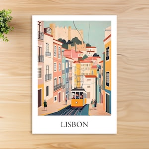 May include: A colorful illustration of a street scene in Lisbon, Portugal. The image features a yellow tram traveling up a hill lined with colorful buildings. The text "LISBON" is printed at the bottom of the image.