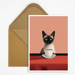 Cartolina di caffè con gatto siamese, regalo perfetto per gli amanti dei gatti e del caffè, illustrazione elegante come decorazione o regalo