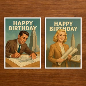 Cartão de feliz aniversário vintage para arquiteto, cartão com visual retrô, presente de aniversário perfeito