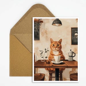 Gatto europeo a pelo corto che beve caffè come cartolina d'epoca, bellissima illustrazione di gatto, decorazione perfetta e regalo per gli amanti dei gatti