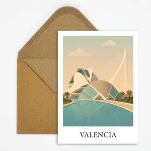 Valencia Spanien Reise Postkarte mit mediterraner Stadtillustration, sonnige Karte für Städtereisen ans Meer als Geschenk oder Dekoration