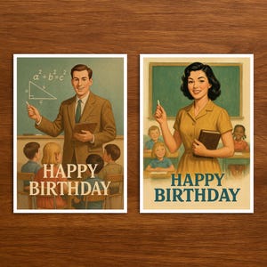 Happy Birthday Karte für den Beruf Lehrer/Lehrerin, Postkarte mit Vintage, Retro Illustration, Geburtstagskarte zum Verschenken