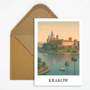 Postal de Cracovia, Polonia, con motivo de Wawel y el casco antiguo, una evocadora tarjeta de viaje ideal como regalo o decoración.